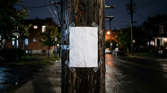 Blank white paper flyer taped to a wooden utility pole at night