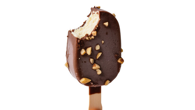 Bitten chocolate ice cream bar with nuts, isolated on transparent background