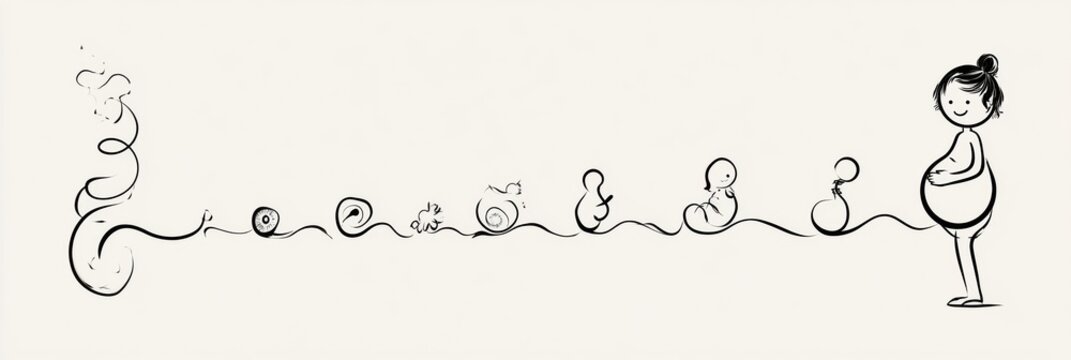 Concept shows pregnancy stages with minimal line art from a single cell to full term with clear elements in a flowing format left open for notes.