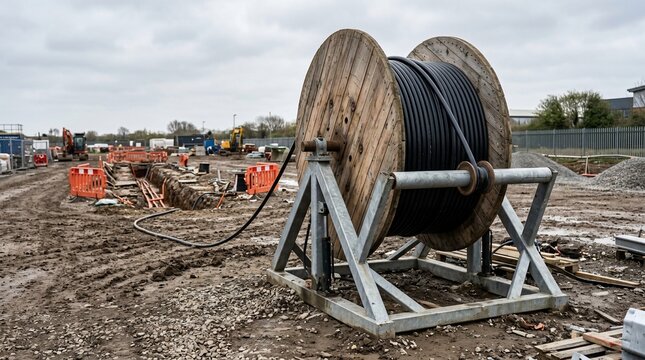 Large wooden cable drum with black industrial electrical wire at a construction site.