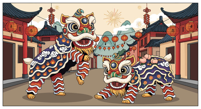 Lion dance performance with colorful costumes.