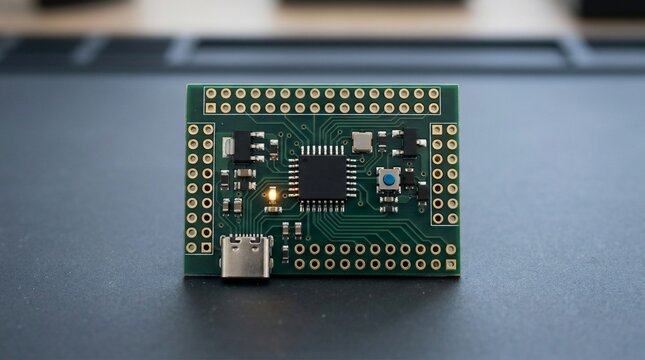 Macro view of a small electronic microcontroller development board with a glowing status LED.