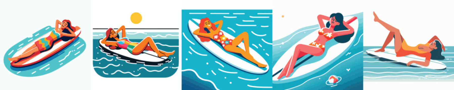 vector of a woman lying on his back on a surfboard in the blue sea