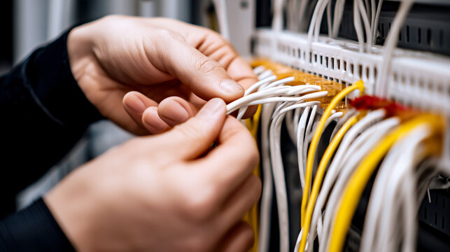 Electrician hands organizing network cables in electrical panel during installation. Wiring renovation, internet connection, server maintenance, professional indoor closeup.