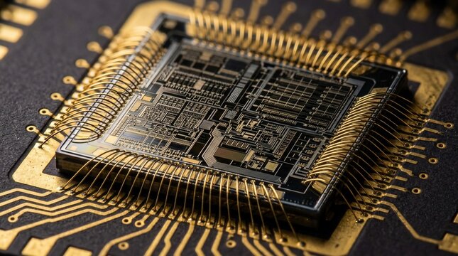 Macro view of an electronic integrated circuit microchip on a motherboard.