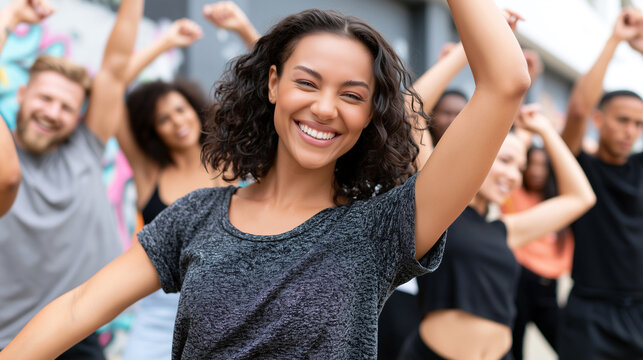 Joyful curly-haired woman dancing with raised arms leading diverse group outdoor near graffiti wall. Street dance, hip-hop battle, creative youth culture and energetic urban lifestyle concept.
