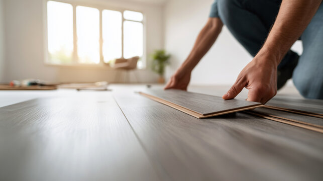 Worker aligning laminate flooring panels in bright renovated room. Professional floor installation, wood texture, home improvement, modern interior construction process.