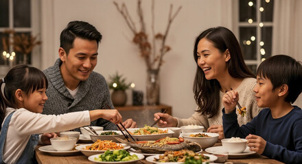 Naklejka premium Joyful Asian family dinner with parents and children sharing traditional meal at home. This Asian family dinner showcases cultural cuisine and happy togetherness during festive evening.