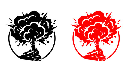 Steam locomotive train explosion vector icons in black and red. Representing engine failure, industrial disaster, and powerful steam blast © Sahabat