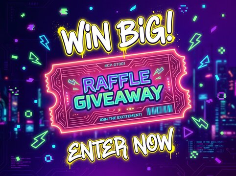 Win Big Raffle Giveaway Banner with Golden Ticket and Colorful Neon Background