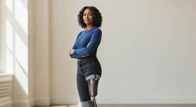 Black woman prosthetic leg stands confidently in bright studio. Amputee displays strength with advanced bionic limb, showcasing modern prosthetic leg technology.