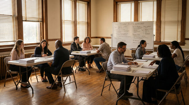 A well-worn community center classroom transformed into a free legal aid clinic on a Saturday morning, sunlight slicing through half-open bl 2