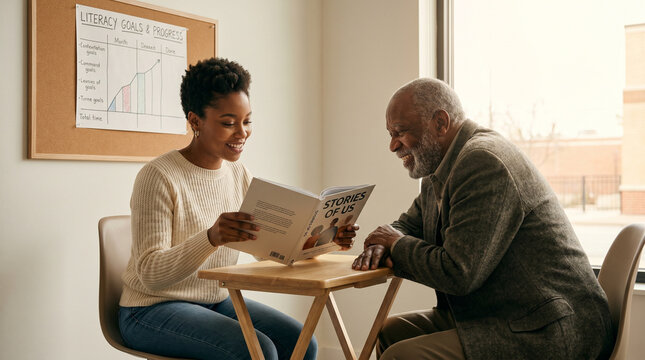 A young woman with short natural hair sits across from an elderly man at a folding table inside a community center, reading aloud from a lar 2