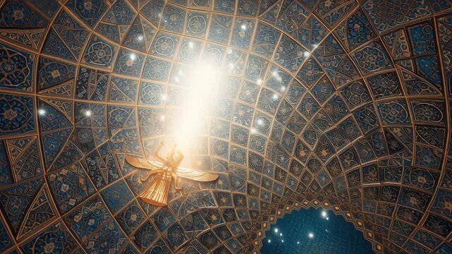 Golden Faravahar symbol rotates under divine light beam on ornate dome ceiling, representing ancient Persian culture and spirituality.