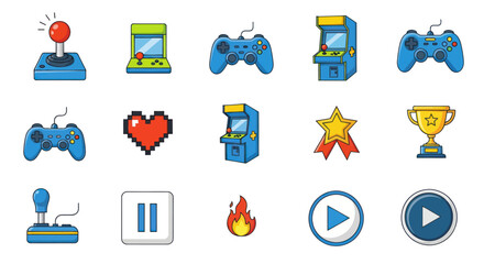 Collection of retro video game icons and arcade machine illustrations. © Vertu