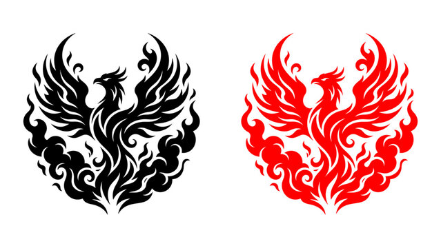 Phoenix bird vector icons in black and red. Stylized tribal firebird designs representing rebirth, power, and transformation