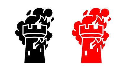 Burning castle tower vector icons in black and red. Representing destruction, security failure, and warfare. Ideal for gaming and emergency visuals © Sahabat