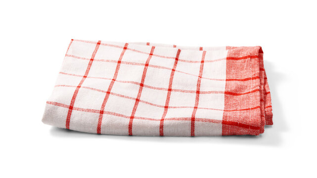 Red napkin on white background. Folded red-and-white gingham kitchen towel isolated.