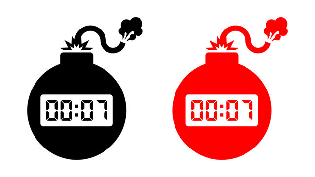 Black and red bomb vector icons with digital countdown timers. Representing urgent deadlines, time pressure, and imminent danger