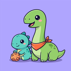 Cute Brontosaurus Dinosaur with Baby Dinosaur Cartoon Vector Icon Illustration. © Arviz