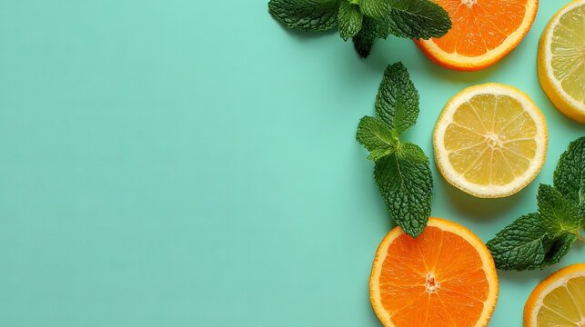 Fresh slices of juicy orange and bright yellow lemon fruit arranged artistically with aromatic green mint leaves in this photograph