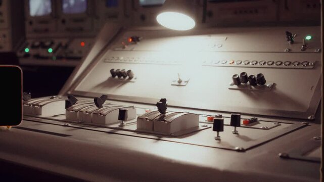 Vintage control panel with flashing lights and levers