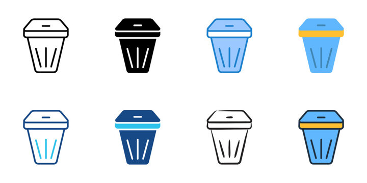 Trash bin icons set multiple style collection. Editable stroke 
