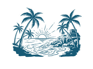 Beach with temple artwork. Summer paradise design. Ocean wave palm tree sketch. Coastal vibes t shirt graphics. Vintage resort artwork. © panji