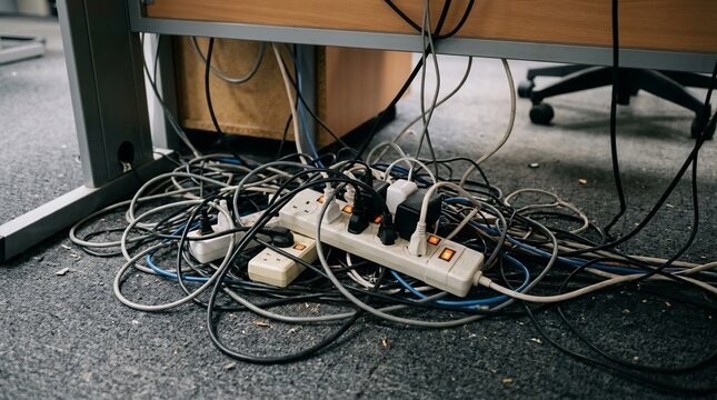 Messy tangle of electrical cables and power strips under office desk.
