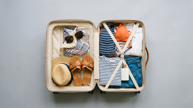 Minimal travel suitcase with folded clothes