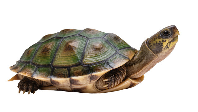 Detailed view of a small turtle with green and brown patterned shell, isolated on transparent background