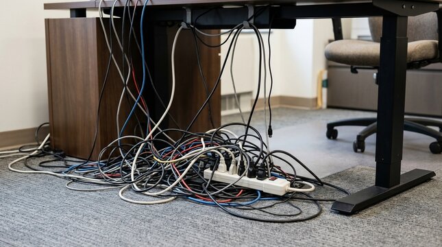 Messy Tangled Computer Cables Under Office Desk.