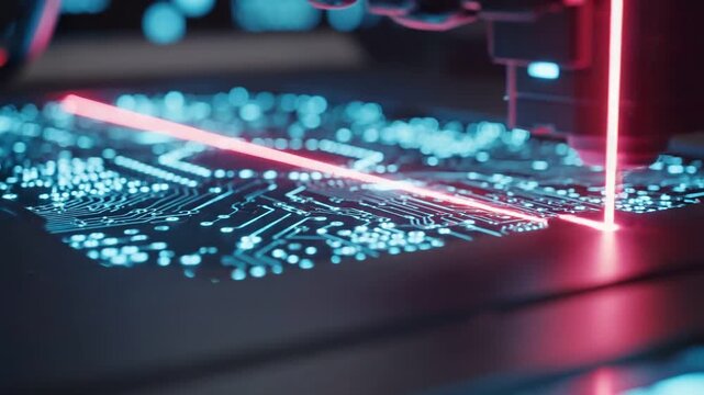 Close-up view of a laser scanning beam precisely moving across a circuit board, creating intricate patterns with vibrant blue and red lights
