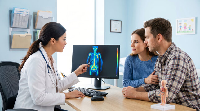 Female doctor explaining pediatric bone scan to young parents