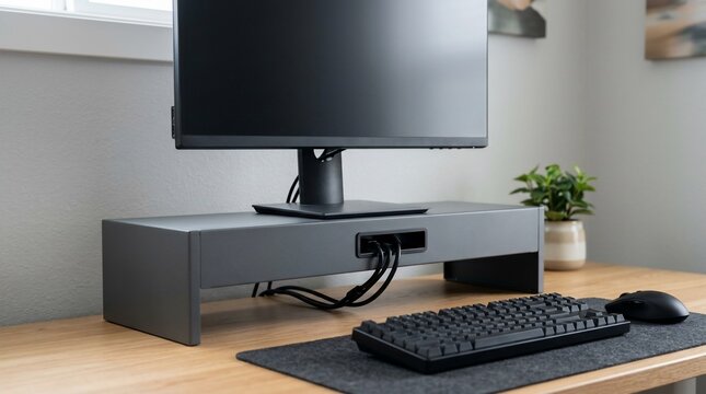 Minimalist dark gray monitor stand riser with built in cable management on wooden desk.