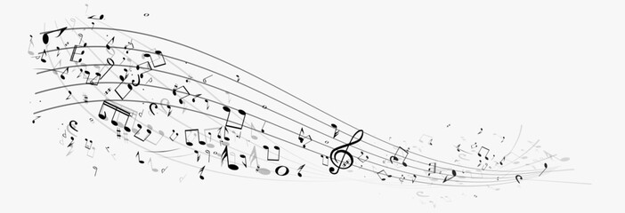 Musical notes, stave, and falling and dancing note compositions. Vector music theme for advertising, covers, or banners.   © Александр Боярин