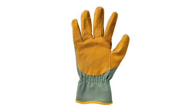 Brown leather work glove with grey cuff, isolated on transparent background