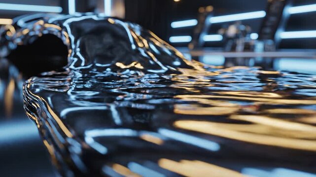 Liquid chrome oozing smoothly on a sleek surface with futuristic lighting and a polished environment