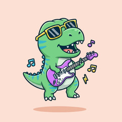 Cute Cartoon Dinosaur Playing Electric Guitar with Sunglasses. © Arviz