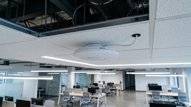 Modern open plan office interior with drop ceiling and smart ventilation system.