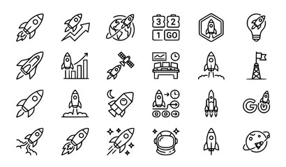 Fototapeta premium Futuristic rocket launch outline vector icon pack with startup and space mission symbols