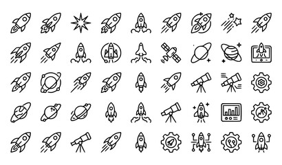 Modern rocket launch outline icon set with startup and space exploration linear symbols © MstBrishti