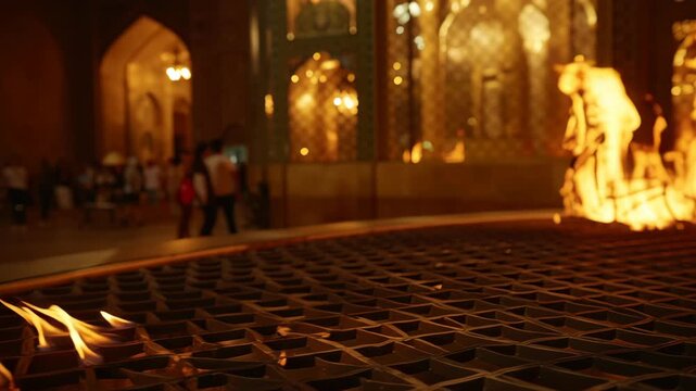 Sacred eternal fire burning in temple during Persian religious festival at night with golden architecture background