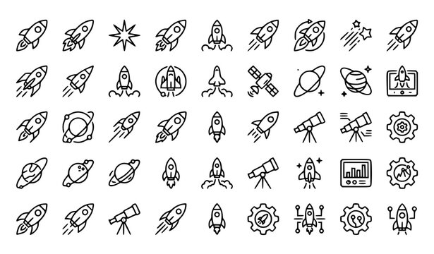 Modern rocket launch outline icon set with startup and space exploration linear symbols