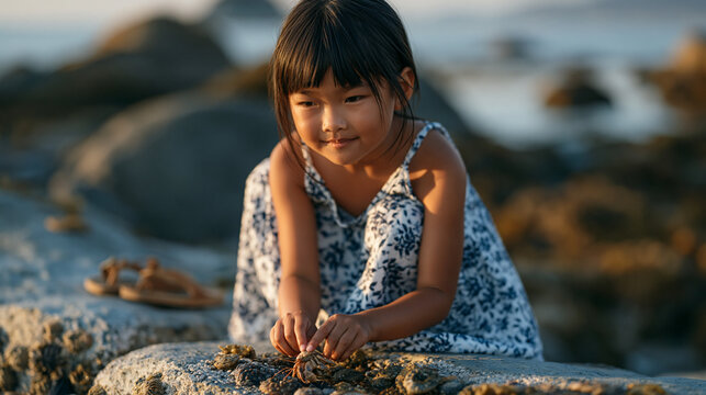 Young girl crouching to examine tide pool creatures during summer low tide, wonder-filled expression as a hermit crab navigates between her fingers, rocky coastal setting bathed in warm solstice aft