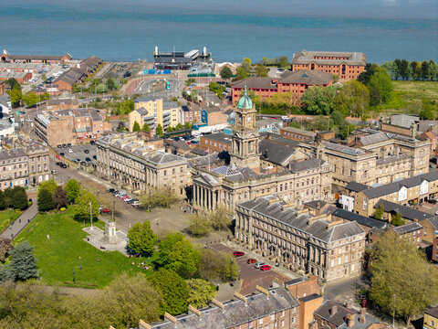 Aerial view of Birkenhead municipal Town Hall and Hamilton Square, Wirral