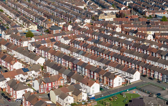Aerial view of suburban terraced housing and streets, Wallasey, Birkenhead, Wirral, Merseyside, England