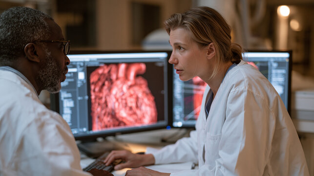 Surgical planning attending reviews patient-specific three-dimensional cardiac anatomy reconstructions with an interventional cardiology fellow in a twilight-lit cath lab reading room, volumetric ao