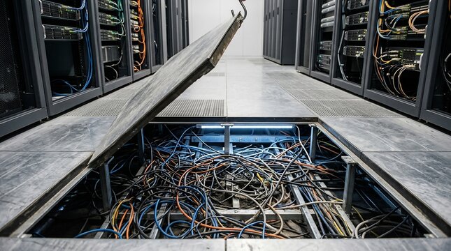 Raised floor panel opened in a modern server room showing network cabling infrastructure.