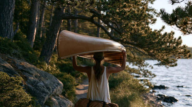 Solo canoeist pulling a loaded portage yoke over her head at a lakeshore carry trail on the summer solstice, the upturned canoe balanced on her shoulders and a pack at her feet, ancient pines archin